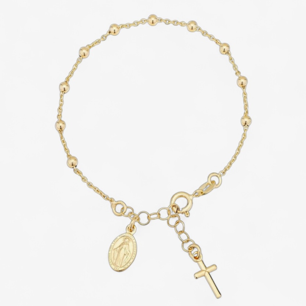 Italian 18K Gold - Sterling Silver Rosary Cross Bead Charm Dainty Chain Bracelet